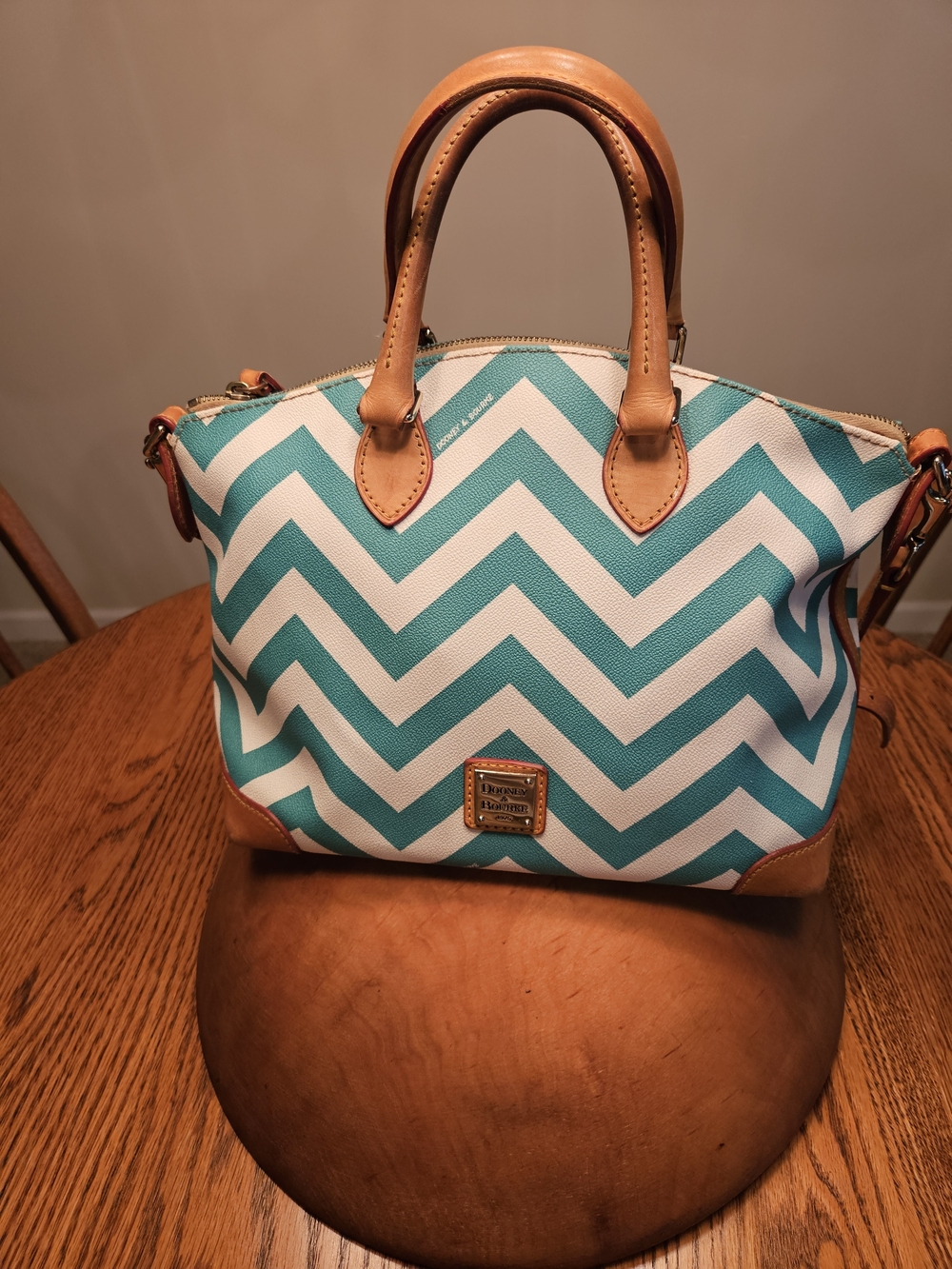 Dooney & Bourke Teal Chevron Satchel with Tan Leather Trim - Picture 2 of 11